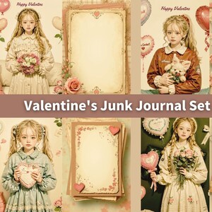 Prototipo de diseño de diario basura de San Valentín: 4 archivos JPG imprimibles de alta calidad con elementos de niña, corazón, letra y ramo (8,5 x 11 pulgadas) - Descarga instantánea - Precio especial