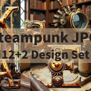 Conjunto de diseño vintage Steampunk: 14 páginas (12 diseños + 2 hojas de collage) | Elementos de laboratorio, biblioteca, lupa, sala de calderas + alfabeto Steampunk (JPG de alta resolución, 8,5 x 11 pulgadas) - Descarga instantánea