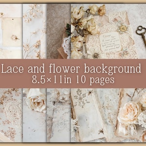 Papel de diario con diseño de encaje antiguo beige y rosas pálidas: elegante fondo vintage y elementos de collage. Hermoso diseño de encaje y flores secas. JPG de alta calidad. 10 páginas (8,5 x 11 pulgadas). Descarga instantánea