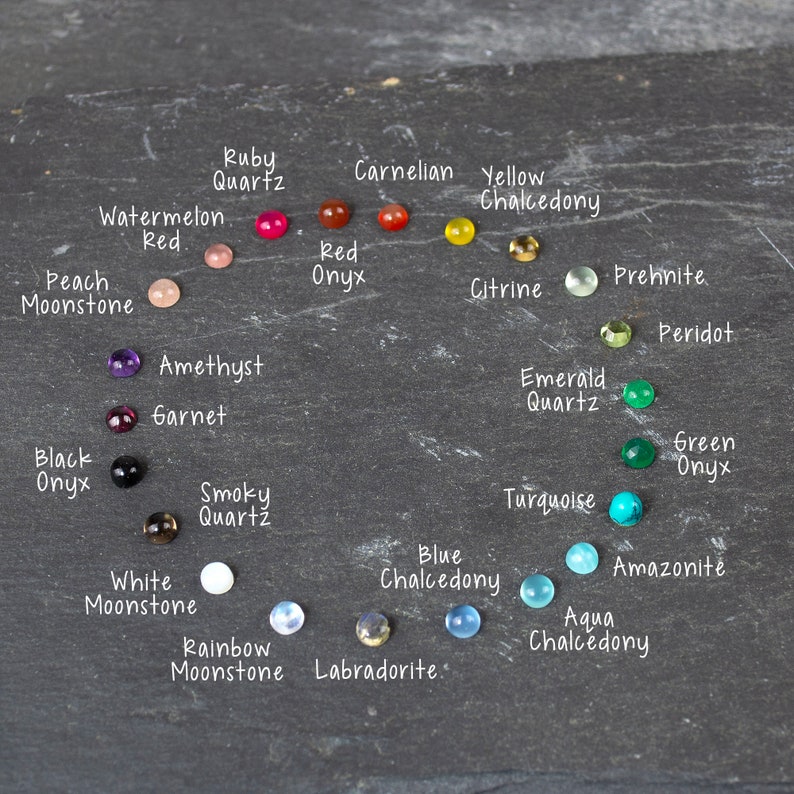 May include: A collection of gemstones, including ruby quartz, amethyst, and turquoise, arranged in a circular pattern. Each stone is labeled with its name in white script. The stones vary in color, from pink and red to green and blue.