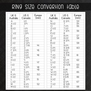 May include: A white and black ring size conversion table. The table includes UK & Australia, US & Canada, and Europe (mm) ring sizes. The text "RING SIZE CONVERSION TABLE" is at the top.