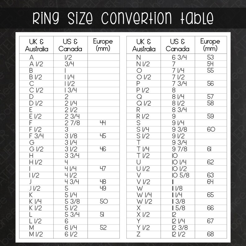 May include: A white and black ring size conversion table. The table includes UK & Australia, US & Canada, and Europe (mm) ring sizes. The text "RING SIZE CONVERSION TABLE" is at the top.