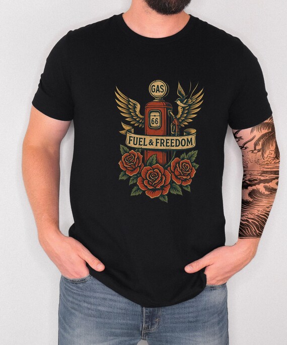 Tattoo Style Biker T-shirt: Vintage Gas Pump Graphic, Fuel