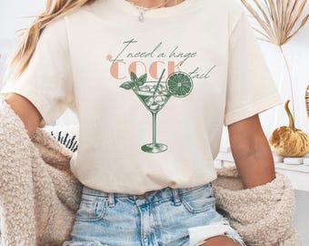 Funny Cocktail Graphic Tee: Vintage Line Art, Distressed Retro Design