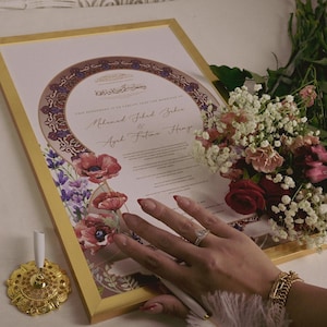 Contrato de Nikkah floral con marco dorado, certificado de matrimonio y boda islámicos, Nikkah Nama, bolígrafo dorado, nombres personalizados