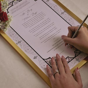 Contrato Nikkah con marco dorado, certificado de matrimonio y boda islámicos, Nikkah Nama, bolígrafo dorado, nombres personalizados