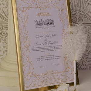 Contrato Nikkah con marco dorado, certificado de matrimonio y boda islámicos, Nikkah Nama, bolígrafo dorado, nombres personalizados