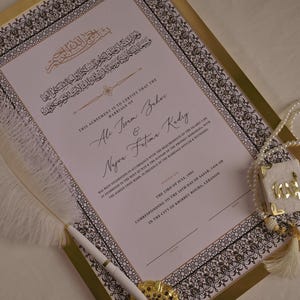 Contrato Nikkah con marco dorado, certificado de matrimonio y boda islámicos, Nikkah Nama, bolígrafo dorado, nombres personalizados