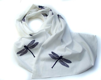 White Cotton Scarf  with small Dragonflies in Navy Blue