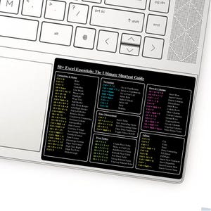 Könnte beinhalten: Ein schwarzer Excel-Shortcut-Guide mit weißem Text, der Befehle für Formatierung, Navigation und Datenverwaltung detailliert. Der Guide liegt auf einer weißen Laptop-Tastatur und bietet eine schnelle Referenz.