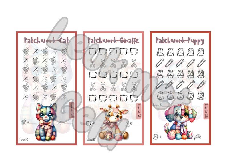 Puede incluir: Tres tarjetas coloridas con dise&ntilde;os de animales de patchwork: un gato, una jirafa y un cachorro. Cada tarjeta tiene un borde rojo y presenta una cuadr&iacute;cula de iconos relacionados con la costura. Los animales est&aacute;n representados en estilo patchwork.