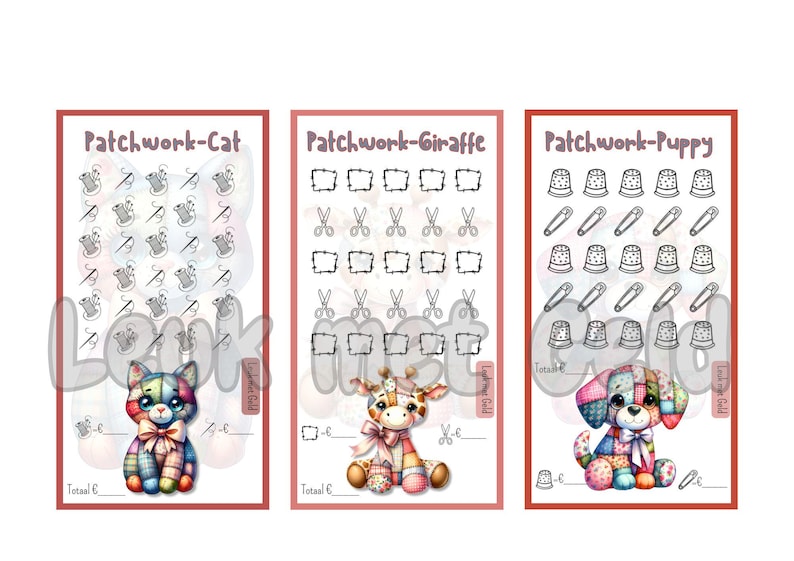 Puede incluir: Tres ilustraciones enmarcadas con dise&ntilde;os de animales de patchwork. La primera presenta un gato, la segunda una jirafa y la tercera un cachorro. Cada dise&ntilde;o incluye iconos de costura y el texto "Patchwork" seguido del nombre del animal.