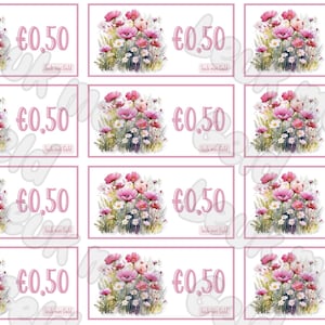May include: Rectangular cards with a floral design featuring pink and white flowers, with the text "€0.50" in a light pink font. The cards have a pink border and the words "look with Gold" are written on the bottom.