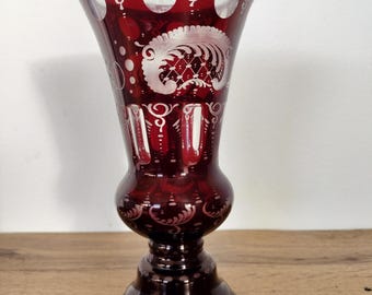 F. Egermann - Hand-Cut Vase - Floral Motif, Ruby Red, Vintage, Bohemia, Czech Republic, 1930