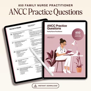 Könnte beinhalten: Zwei digitale Tablets mit ANCC-Übungsfragen für Familienkrankenpfleger. Ein Tablet zeigt Fragen zur Frauengesundheit, das andere eine Illustration einer Krankenschwester. Das Bild enthält den Text "850 Practice Questions" und "Instant Download."
