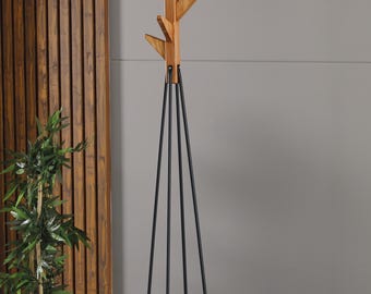 Handmade Oak Coat Rack with Metal Details | Finland Wood Modern Entryway Organizer – 9 Hooks