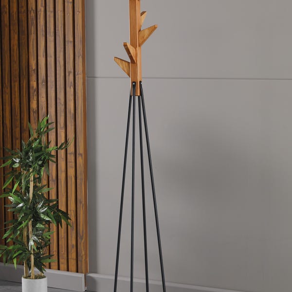 Perchero de roble hecho a mano con detalles metálicos / Organizador moderno para entrada de madera de Finlandia (9 ganchos)
