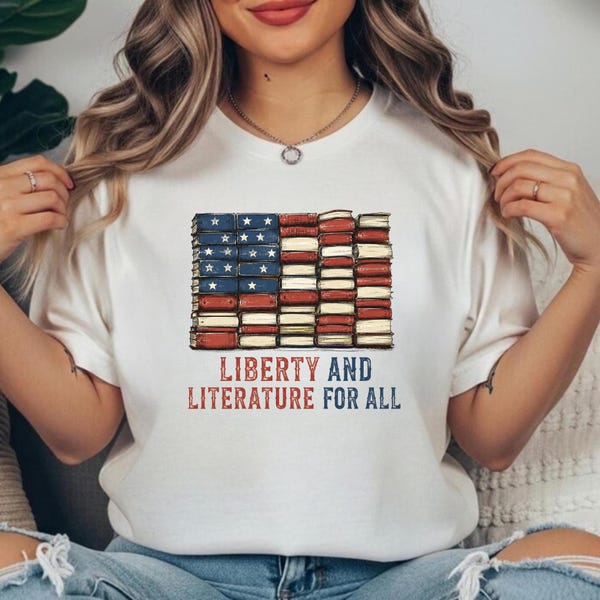 Liberty and Literature USA Flag Patriotic Library Book Lover T-Shirt | American Book Stack Tee | Bookish Reader Gift