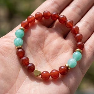 Handmade Red & Turquoise Beaded Bracelet, Gold Heart Charm Jewelry Boho Gemstone Stackable