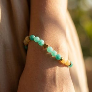 Teal Green Gemstone Beaded Bracelet, Gold Heart Charm, Boho Stackable Jewelry