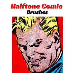 Op de afbeelding: Advertentie voor Procreate's Halftone Comic Brushes. De afbeelding toont een stripboekstijl illustratie van het gezicht van een man met geel haar en een blauw overhemd. De achtergrond is rood en de tekst "Halftone Comic Brushes" is in rood en zwart.