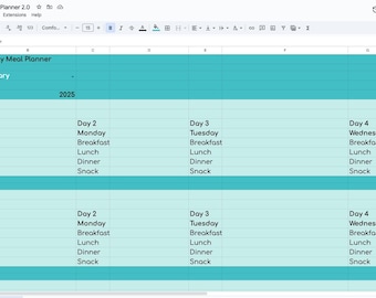 May include: A teal and white spreadsheet with the title "My Food Budget Journey Monthly Meal Planner". The spreadsheet is divided into columns for each day of the week and rows for each meal of the day. The spreadsheet is for the month of January 2025.