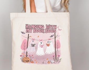 Spooky Book Lovers Tote Bag Cute Ghost Halloween Bag Literary Bookworm Tote Bag Gifts For Readers Cute Bookish Accessory Literary Book Bag