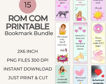 Printable RomCom Bookmarks Bundle for Book Lovers Gift Cute Rom Com Digital Download Bookmark Set Reading Accessories Book Club Gift