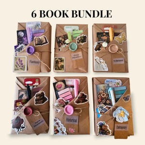May include: Six book bundles wrapped in brown paper, each tied with twine and a wax seal. Each bundle features themed stickers, a pen, and a tag labeled Fantasy, Cozy Mystery, YA Romance, Dark Romance, Historical, or Contemporary.