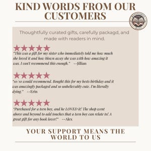 May include: A beige graphic with the text "KIND WORDS FROM OUR CUSTOMERS" and customer reviews. The reviews are accompanied by star ratings and the logo for Bookmarked Bliss.