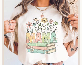 Camiseta de patchwork falso para mamá, camiseta para amantes de los libros, camiseta floral para mamás aficionadas a la lectura, regalo para mamás