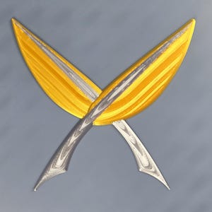 May include: Two crossed, stylized blades with a gold and silver color scheme. The blades have a curved, leaf-like shape with a textured surface. The background is a solid, light gray color.