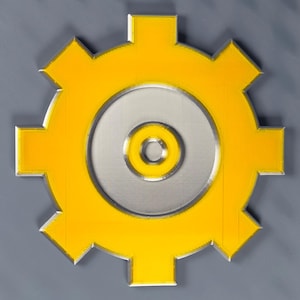 May include: A yellow gear-shaped design with a silver center and a gray background. The gear has a three-dimensional appearance, with a bright yellow color and a silver outline. The design is simple and modern, suitable for various applications.