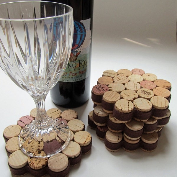 Honeycomb Wine Cork Coaster with Brown Ribbon-Set of Four - Housewarming, Wedding, Hostess Gift, Entertaining, Eco Friendly