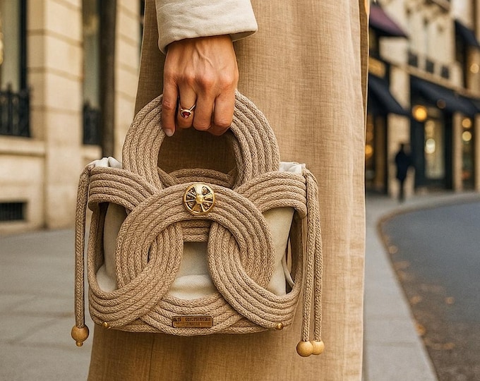 Handmade Cotton Rope Knot Bag Unique Woven Tote Boho Chic Rope Handbag Neutral Beige Natural Bag