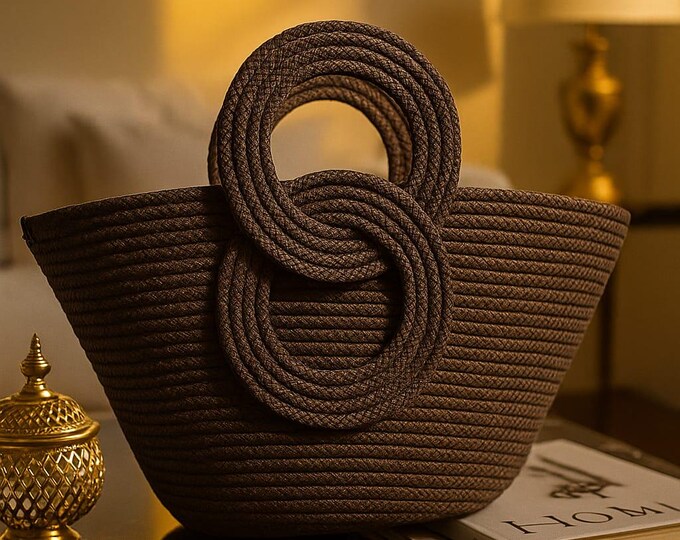 Handmade Rope Tote Bag Dark Brown Woven Handbag with Round Handles Boho Eco Friendly Beach and Everyday Bag
