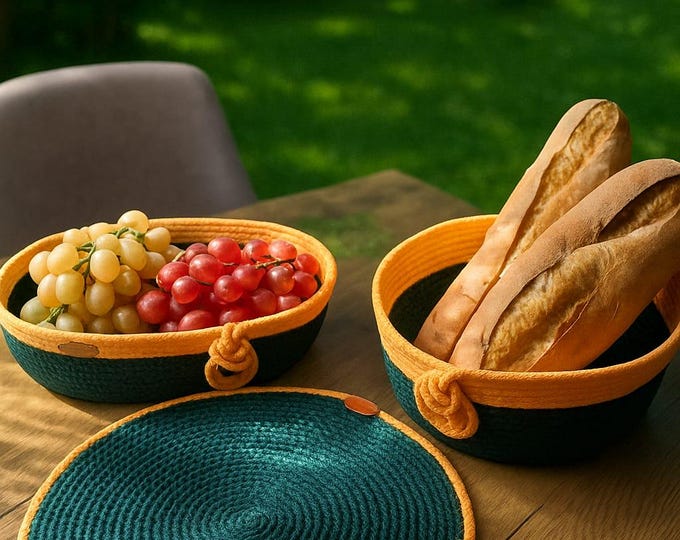 Handmade Woven Cotton Rope Basket Set:Boho Bread Basket & Placemats, American service, suppla ,dining room,kitchen,gift,eco friendly storage
