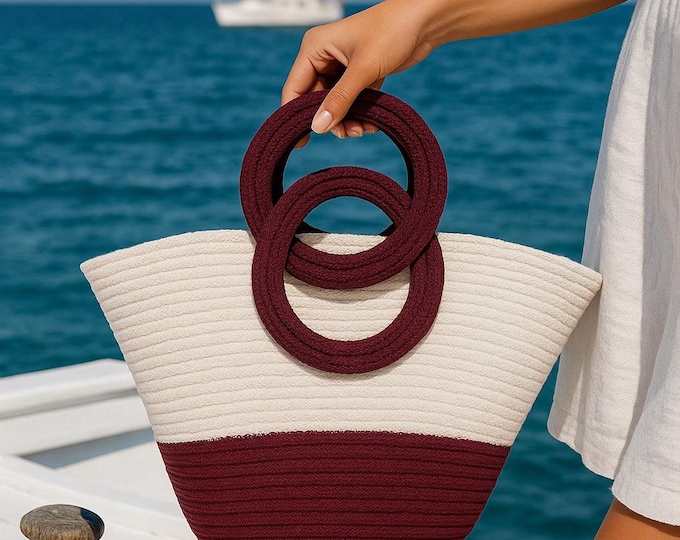 Handmade Two-Tone Rope Tote Bag: Burgundy and Cream Cotton Beach Bag