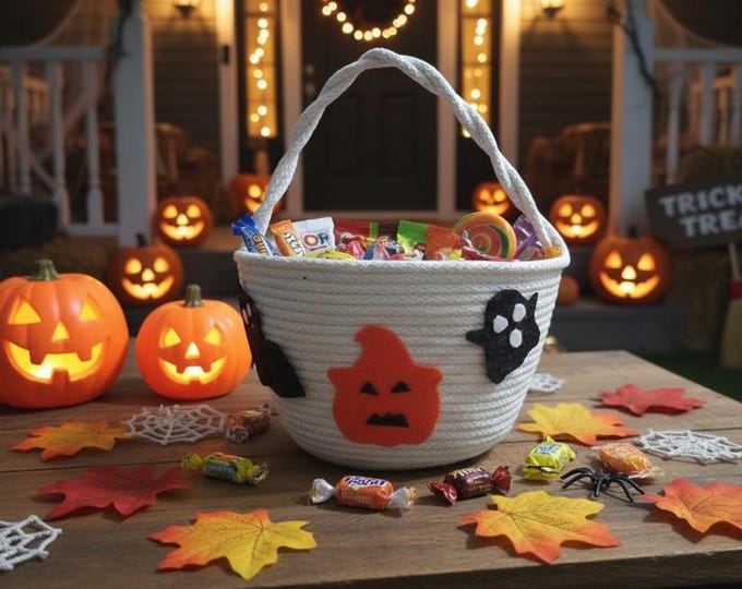 Halloween Candy Basket for Kids, Trick or Treat Bag, Rope Storage Basket, Halloween Gift Basket, Pumpkin Party Favor Bucket, Handmade Candy