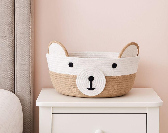 Handmade Bear Nursery Basket: Cotton Rope Woven Toy Storage