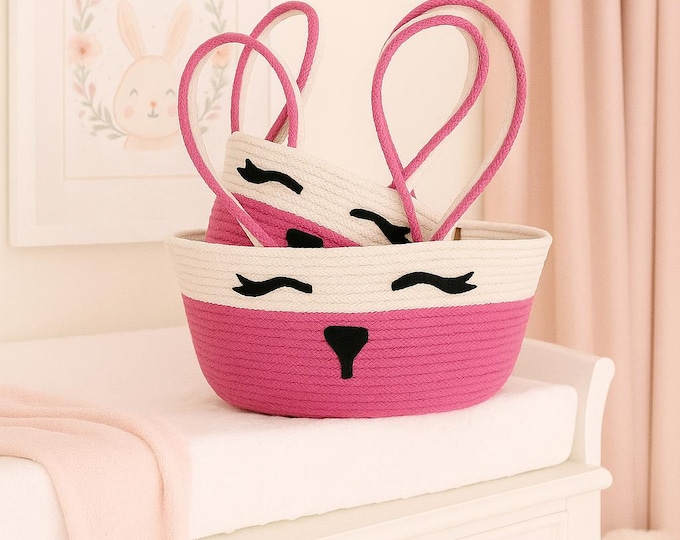 Handmade Bunny Shaped Storage Basket – Pink & White Rope Nursery Organizer – Cute Kids Room Toy Bin – Baby Shower Gift