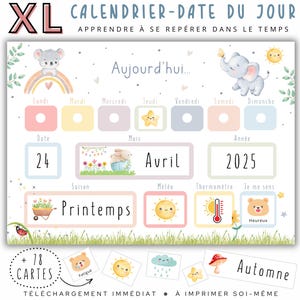 Peut inclure: Un calendrier imprimable pour enfants avec une illustration mignonne d'un éléphant et d'un lapin. Le calendrier comprend les jours de la semaine, la date, le mois, l'année, la saison, la météo et un thermomètre. Il comprend également une section pour suivre les sentiments. Le calendrier est conçu pour aider les enfants à apprendre le temps et le calendrier.