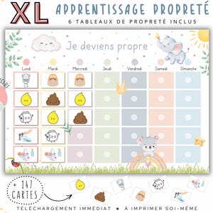 Peut inclure: Un tableau d'apprentissage de la propreté imprimable avec un design arc-en-ciel coloré. Le tableau présente un adorable éléphant, un nuage et une variété d'autres illustrations. Le tableau est conçu pour aider les enfants à apprendre à utiliser les toilettes. Le texte sur le tableau indique "Je deviens propre".