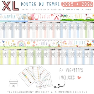Könnte beinhalten: XL Monatsplaner 2025 + 2026 mit saisonalen Illustrationen. Enthält Kalender für Januar, Februar, März, Mai, Juni und Juli. Enthält 64 Vignetten. Text: "POUTRE DU TEMPS", "FRISE DES MOIS AVEC SAISONS & PHASES DE LA LUNE", "TÉLÉCHARGEMENT IMMÉDIAT", "À IMPRIMER SOI-MÊME".