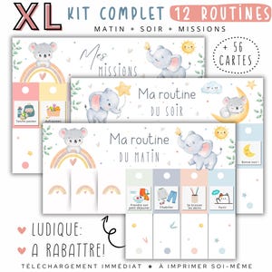 Peut inclure: Un téléchargement PDF imprimable pour un tableau de routine pour enfants. Le tableau présente une illustration mignonne d'éléphant et comprend 12 routines pour le matin, le soir et les missions. Le texte sur le tableau indique "XL Kit Complet 12 Routines Matin + Soir + Missions" et "Mes Missions".