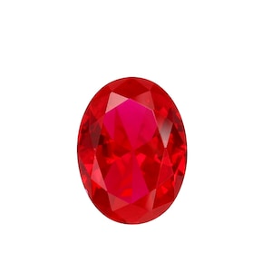 May include: A faceted, oval-shaped, ruby-red gemstone. The gem has a brilliant cut with numerous facets that reflect light. The colour is a deep, vibrant red, with a slightly lighter hue in the centre. The gemstone is set against a white background.