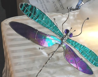 Large stained glass Dragonfly purple & blue green wings, sympathy gift, wedding gift, celebration of life gift