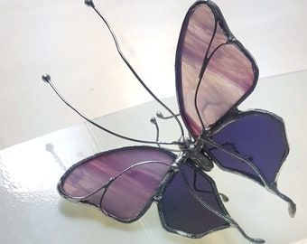 Butterfly Pink  and Purple Stained Glass Suncatcher,  repositionable silver soldered wire legs