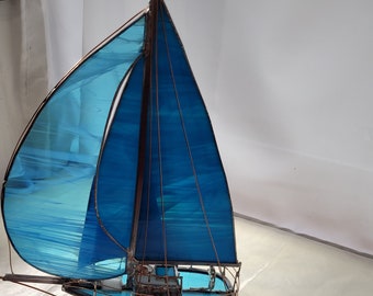 Deep Aqua blue stained glass 3D boat for Dad great office decor Father's Day Valentine Day