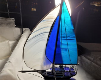 Stunning stained glass 3d model white & royal blue boat man gift, anniversary, retirement gift, model boat collector